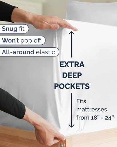 Image of Extra Deep Twin XL Sheet Set - 4 Piece Breathable & Cooling Sheets - White | Hotel Luxury Bed Sheets Set, Easy & Secure Fit, Ultra-Soft, Wrinkle & Fade Free, Comfy Sheets Set with Extra Deep Pockets