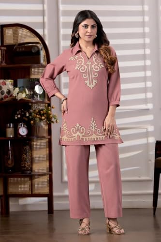 Image of Fashion Kurta Sets for Women | Co Ord Sets Stylish | Kurti Sets for Women | Short Kurti | Ethnic Embroidered Straight Kurta Sets with Pants Suits