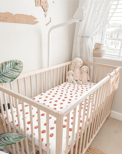 Image of Mini Crib Sheets for Baby Boy Girl 2 Pack, Neutral Mini Crib Mattress Sheet 24 inch x 38 inch, Muslin Nursery Bedding Soft and Breathable Comfort (Strawberry & Pale Pink)