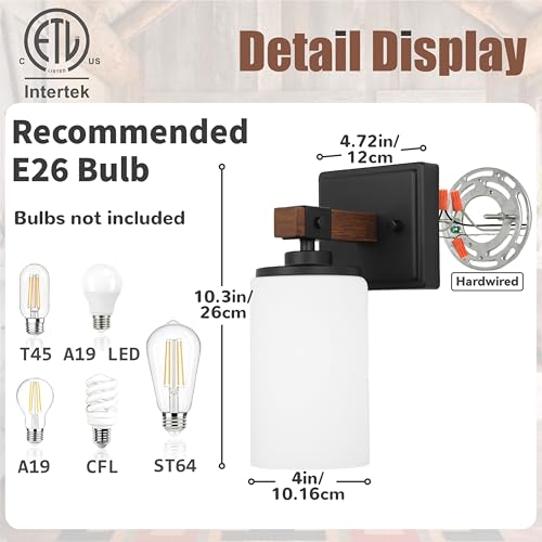 Image of Wall Sconces Set of 2, Farmhouse Rustic Vanity Light for Bathroom, E26 | Wood Grain Brown Wall Light Fixtures with White Glass Shade for Bathroom, Bedroom, Living Room, Hardwired(Bulbs Not Includ)