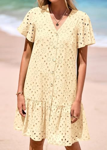 Image of KIRUNDO Eyelet Dresses for Women Button Down Mini Babydoll | 2026 Summer Short Sleeve Boho Sundress, Loose Fit V Neck Short Dress With Pockets, A Line, Cruise Beach Vacation Outfits