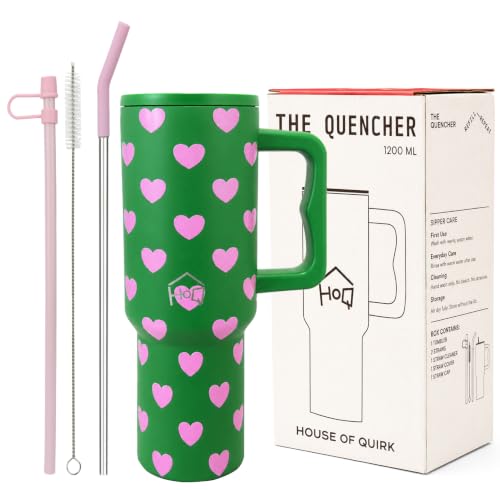 Image of House of Quirk 1200ML Stainless Steel Tumbler with Handle & Lid, 2 Straws - Large Travel Mug Water Cup for Gym, Office & Outdoor Use (Matcha Kiss)