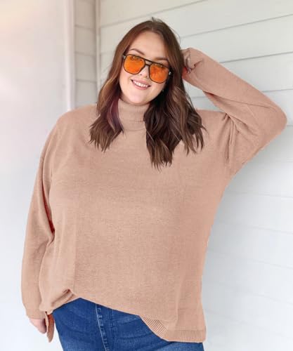 Image of CARCOS Plus Size Sweaters for Women Solid Turtleneck Sweater Long Sleeve Pullover Tops Casual Split Hem Knit Shirts