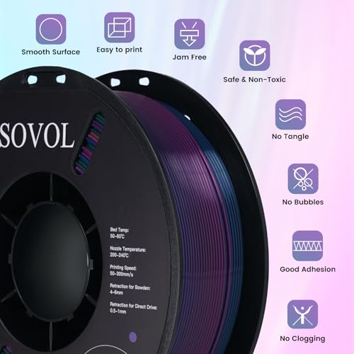 Image of Sovol 3D Printer Silk Shiny Multicolored Fast Change Rainbow PLA 1kg (2.2 lbs) Spool 3D Printing Materials, Dimensional Accuracy + /- 0.03 mm, 1.75 mm, Purple Rainbow