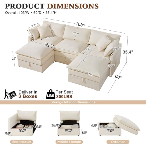 Image of Ihanherry 103 inch Modular Sectional Sofa with Storage, U Shaped Cloud Couch with Movable Ottomans & 4 Pillows, Chenille Deep Seat Sectional Couches for Living Room, Apartment (Beige)