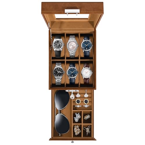 Uten Caja de Relojes con 6 Compartimentos, 2 Niveles Caja para Reloje Madera, Tapa de Vidrio y Almohada Algodón Seda, Forro Marrón, para Exhibición y Almacenamiento de Relojes Joyería