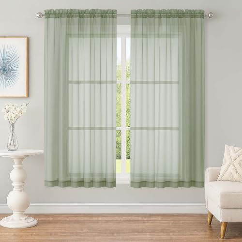 Image of OWENIE Sheer Sage Green Curtains, Sheer Curtains 63 inch Length 2 Panels Set, Rod Pocket Voile Fimly Sheer Drapes for Living Room Bedroom, 2pcs, Sage Green, Each 59 inch W x 63 inch L