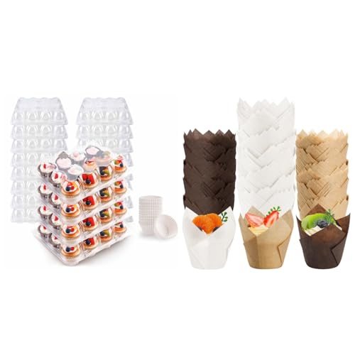 NPLUX Bundle of 12 Count Cupcake Containers 20 Pack and 200PCS Tulip Cupcake Liners