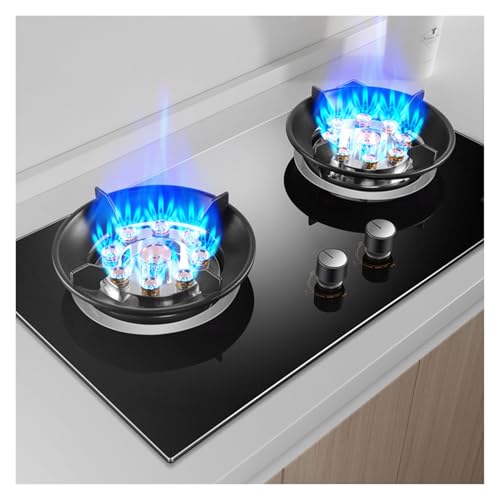 Estufa de gas de doble quemador, anillo de fuego de 9 quemadores, 5,2 kW, vidrio templado negro y soporte de olla de hierro fundido con protección contra llama (LPG)