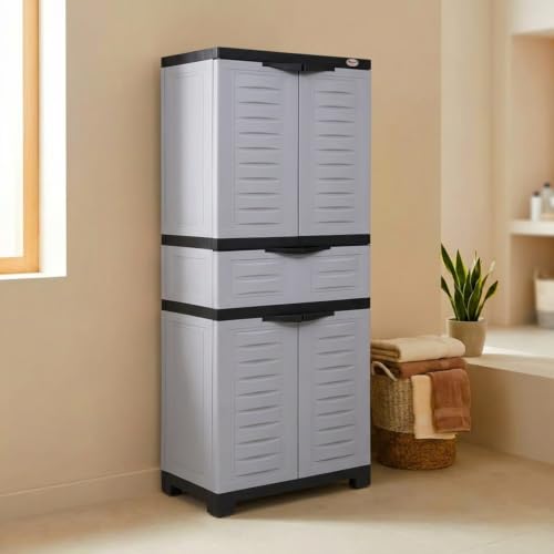 Image of Supreme Furniture Fusion 02 MDR 01 Multipurpose Plastic Cupboard | 40-Months Warranty* |Cabinet with 1 Drawer at Center| Spacious Shelves |Big Organiser for Bedroom Living Room Kids | DIY | Blue Grey