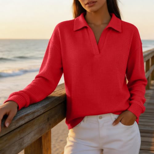 Long Sleeve Shirt for Women Waffle Knit Collared V Neck Polo Shirts - image 2