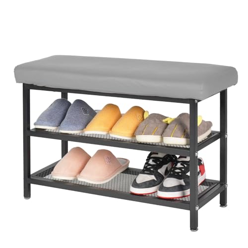 EIGFOH Banco Zapatero, Zapatero con Cojín De Asiento, para Sala De Estar, Entrada, Sala De Estar, Banco Zapatero Soporta hasta 100kg, Zapatero De 2 Niveles, Cueros Banco para 6 Pares De Zapatos