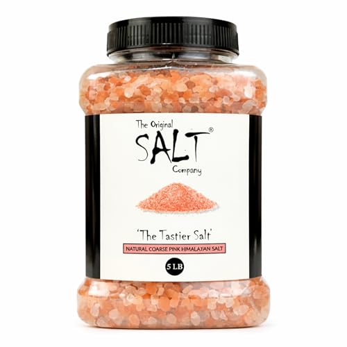 The Original Salt Company Pink Himalayan Salt, 100% organic, kosher, coarse, and gluten-free. Perfect for cooking, seasoning, and enhancing dishes with its mild, mineral-rich flavor. (5 LB Plastic Container, Coarse Pink Himalayan Salt)