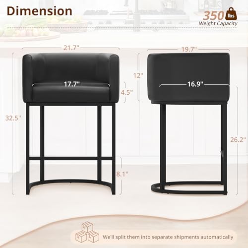 Image of LUE BONA Counter Height Bar Stools Set of 3, Modern Barrel Counter Stools with Backrest and Arms, Black Metal Frames, Faux Leather Upholstered Accent Barstools for Kitchen Island, Black