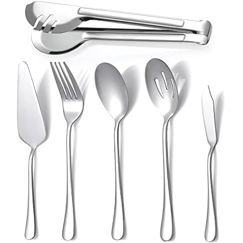 Eisinly Serving Utensils, Set of 6 Large Serving Spoons Forks Tongs Butter Knife and Pie Server, Thickened Stainless Steel Buffet Catering Flatware Serving Set for Party Banquet Cover