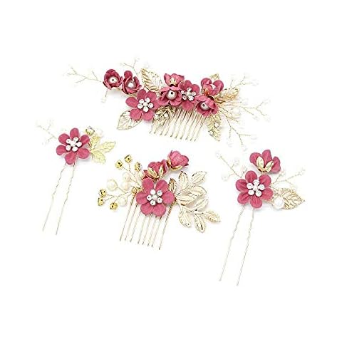 Hanyzcin Wedding Hair Comb, 1 Set Floral Bridal Headpiece Decorative Rhinestone Pearl Hairpins Hair Accessories for Brides Bridesmaid Girls (Rose Red) Cover
