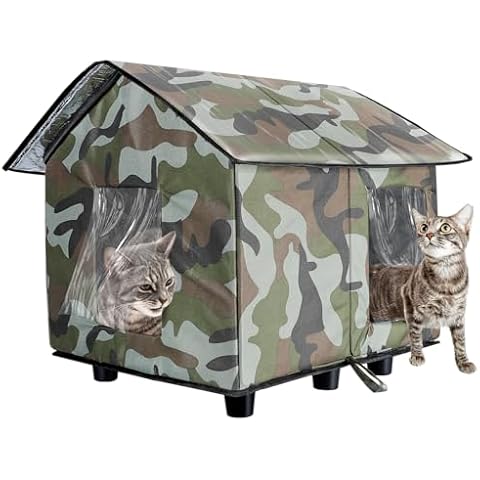 Large Outdoor Cat House - Waterproof Elevated Cat Shelters for Winter with Escape Door, Weatherproof Camouflage Insulated Feral Cat Cave Pet Nest for Keeping Warm Cat Gifts Cover