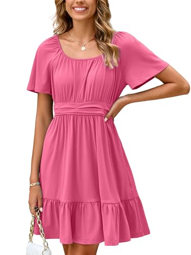 Image of Simplee Womens Summer Dresses 2026 Mini Square Neck Casual Short Sleeve Shirred Flowy A-Line Dress with Pockets