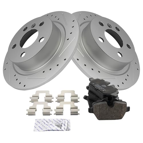 Image of TRQ Performance Rear Brake Pad and Rotor Set Ceramic Coated Drilled Slotted Compatible with 2017-2018 Mini Cooper Countryman