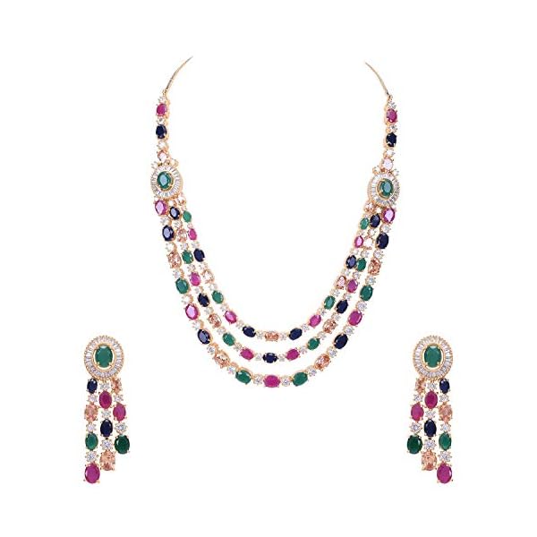 RATNAVALI JEWELS American Diamond Fashion Jewellery Red Green Blue White Multi Layer Necklace Set with Earring for Women/Girls RV3006M