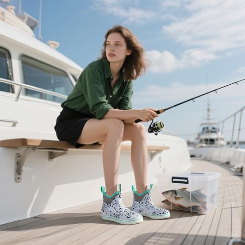Image of Kalkal Women's Deck Boots, Waterproof Ankle Rain Boots Fishing Boots with High Traction, Women's Rubber Boots For Gardening Fishing Boating Camping