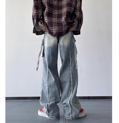 Men's Cargo Jeans Loose Fit Casual Straight Wide Leg Retro Hip Hop Ripped Denim Trousers with Pockets3