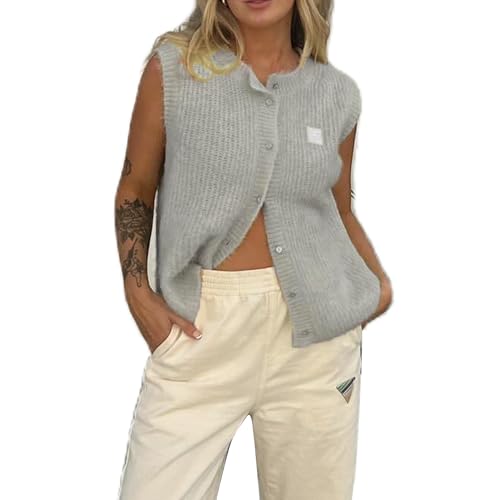 Image of UAURORAO Women Chunky Sweater Vest Button Down Crochet Cable Knit Cardigan Sleeveless Open Front Knitted Crop Waistcoat