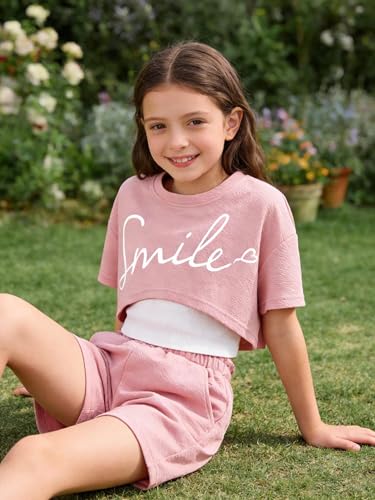 Image of Girl's Summer 3 Piece Outfits Graphic Short Sleeve Crop Top Cami and Shorts Clothes Set