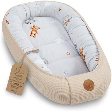 Babynest Neugeborene Nestchen Baby 50x90cm - Kokon Handmade zweiseitig aus Baumwolle Waffel mit Babynestchen Teddybären B