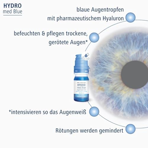 Dr. Theiss HYDRO med Blue Augentropfen mit pharmazeutischer Hyaluronsäure | Befeuchtet & mindert Rötungen bei trockene Augen und intensiviert so das Augenweiß | Blue Drops | ohne Konservierungsstoffe