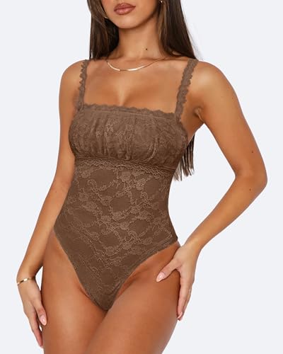 Saslax Women's Sexy Square Neck Lace Sleeveless Bodysuit Tank Tops Double Lined Body Suit Thong Outfits