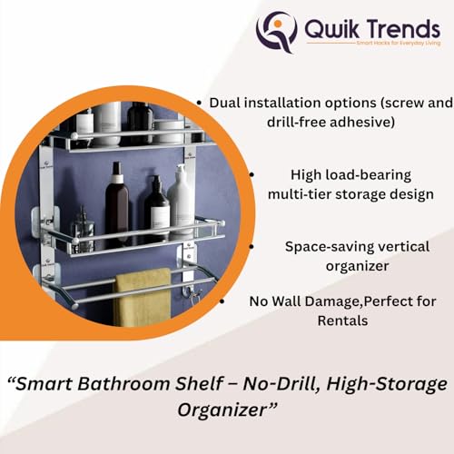 Image of Bathroom Organizer Without Drill - Corner, Shelves, Rack, Shelf, Storage, Wall, Racks and Adhesive, Mounted, self Holder, soap, Stand Bathroom Accessories