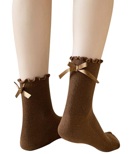 Image of Womens Bow Socks Ruffle Casual Crew Black Whitte Soft Breathable Cotton 4 Pairs Socks