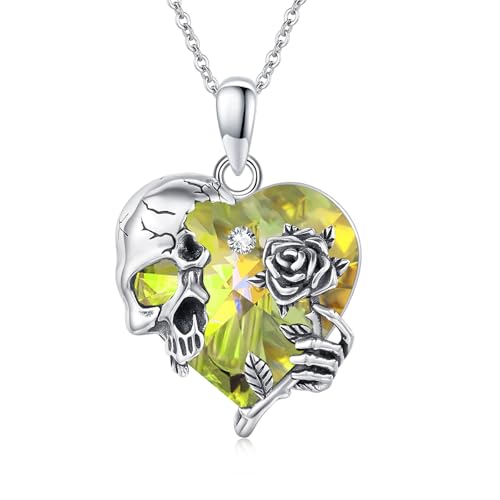 Image of S925 Sterling Silver Skull Pendant Necklace Heart Crystal Birthstone Skull Necklace Gothic Jewlery Gifts