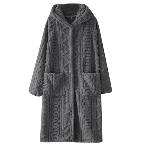 ANHATUIV Albornoz de forro polar con capucha y bolsillos, de punto trenzado, con botones, pijama de invierno, acogedor, ropa de dormir de felpa, bata de spa, ropa de descanso súper suave, gris, M