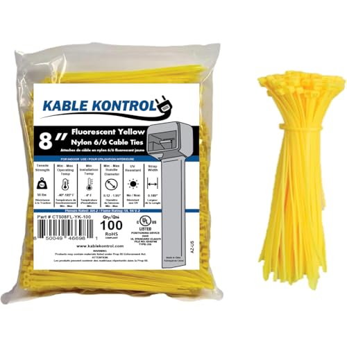 Image of Kable Kontrol Fluorescent Yellow Zip Ties 8 Inch 100 Pcs, 50 Lbs Tensile Strength, Self-locking Nylon Colored Cable Ties Wire Wraps for Indoor or Outdoor Use