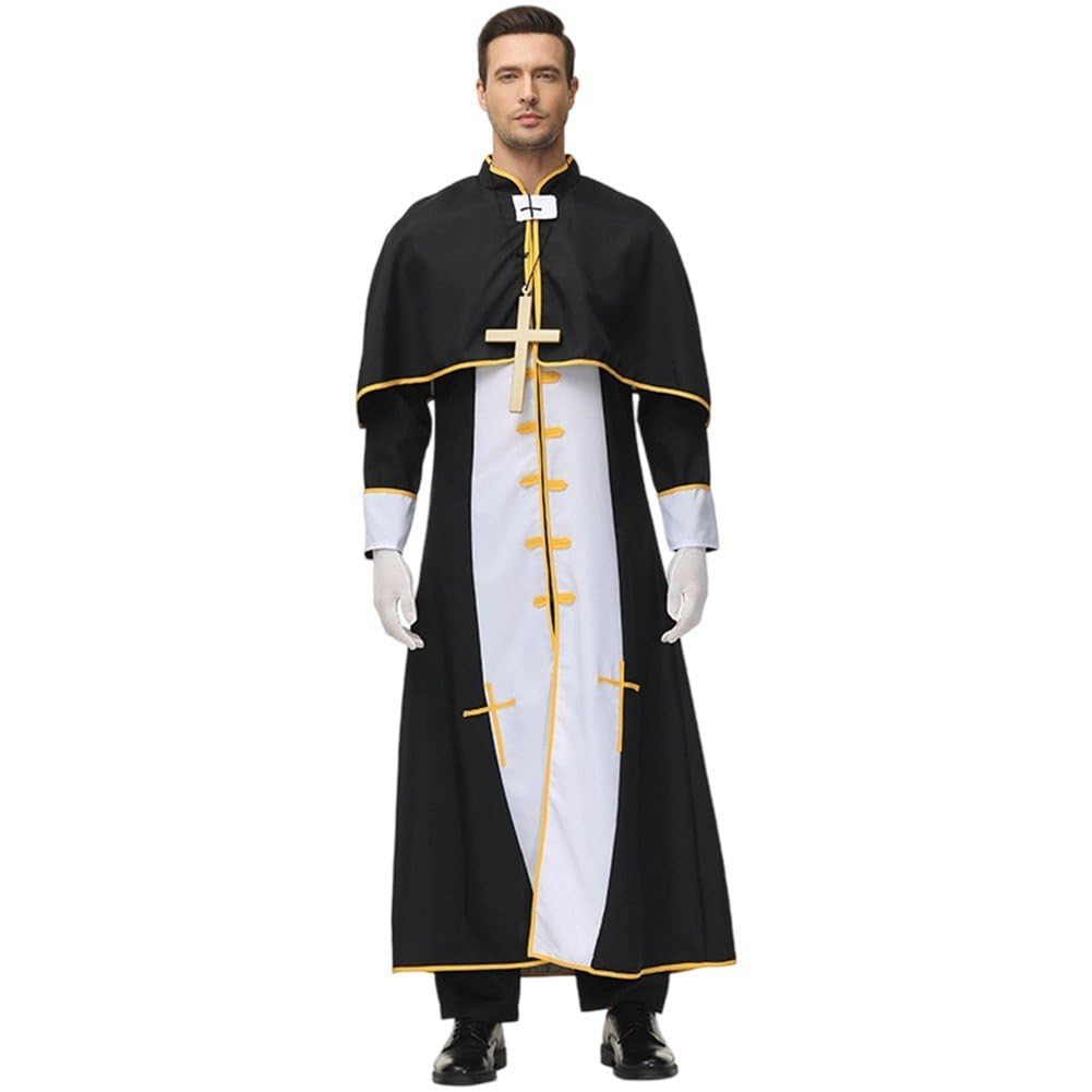 Disfraz de sacerdote con túnica medieval de caída ligera guantes y cruz de mano