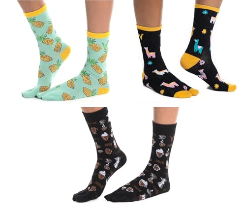 3 pairs V-Toe flip flop split-toe socks pineapple, llama black, coffee cafe carafe cups