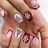 Christmas Snowflake Press on Nails 24 Pcs Xmas Tree Fake Nails Medium Square Red Sparkly French False Nails Glossy White Curve Line Stick on Nails Stars Gel Glue on Nails for New Years Gifts Women