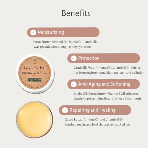 Image of Cocoa Almond Lip Balm for Dry & Chapped Lips | With Jojoba and Almond Oil | Deeply Moisturizing Lip Care, Repairs Cracked & Flaky Lips | All Natural, Handmade, Plant Based, Vegan and Chemical Free | 10 g | Pack of 1