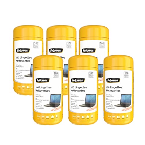 Fellowes Toallitas limpiadoras para superficies de plástico, metal y laminadas, 6 paquetes de 100 unidades, toallitas húmedas sin alcohol en lata resellable, paquete grande