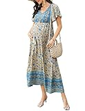KOJOOIN Umstandskleid Sommer Damen Casual Lang Schwangerschaftskleid Boho Mutterschaft Kleid Elegante Umstandsmode Blau L