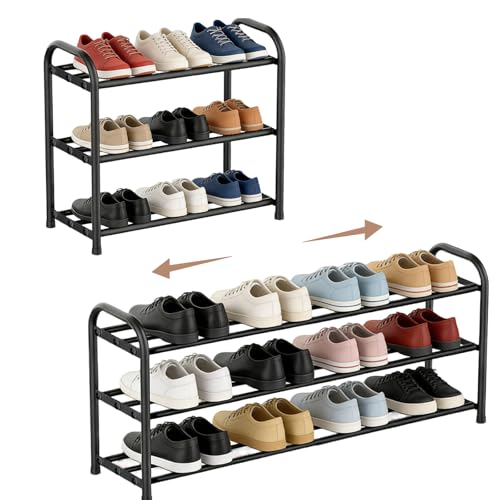 Tmefoy Schuhregal Schmal Ausziehbar Platzsparend, 3 Etagen Shoe Rack, Kleines Schuhregal Metall Schwarz, Schuhschrank schmales, Schuhständer geeignet für Flure Durchgänge Outdoor