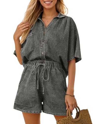 Zilcremo Womens 2 Piece Outfits Summer Denim Sets Short Sleeve Button Down Crop Jean Shirts High Waist Denim Shorts Sets
