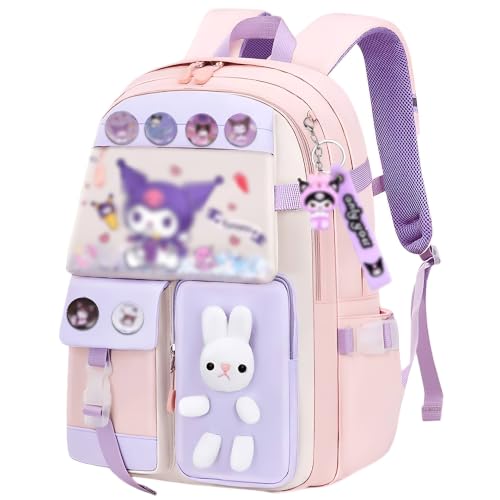 Image of Cute Pastel Contrasting Color Anime Cartoon School Backpack for Girls, Kawaii Large Capacity Bunny Bag, Lightweight Casual Travel Daypack Multi-Compartment Bookbag for Elementary School Kids