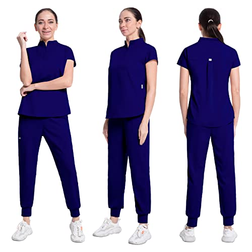 Women's Jogger Scrub Set with Pocket Medical Uniforms Include V-Neck Scrub Top and Pant Fitted Stretch Scrub Set-12 Color (Royal Blue,M,Medium)