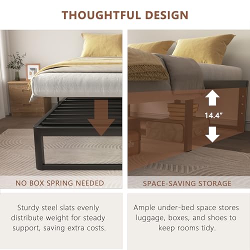 Image of ZTH Queen Size Metal Platform Bed Frame 16 in, No Box Spring Needed, Black | Heavy duty support, Underbed storage, Noise-free design, Anti-slip clips, Rounded legs, Easy assembly, Headboard compatible