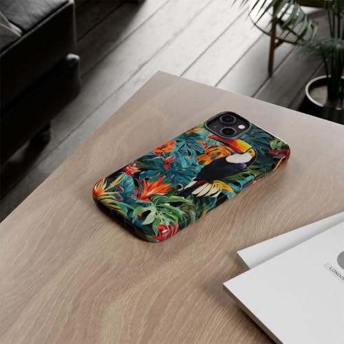 Coque iPhone 14 Plus vert toucan tropical rigide et brillante protégeant le smartphone