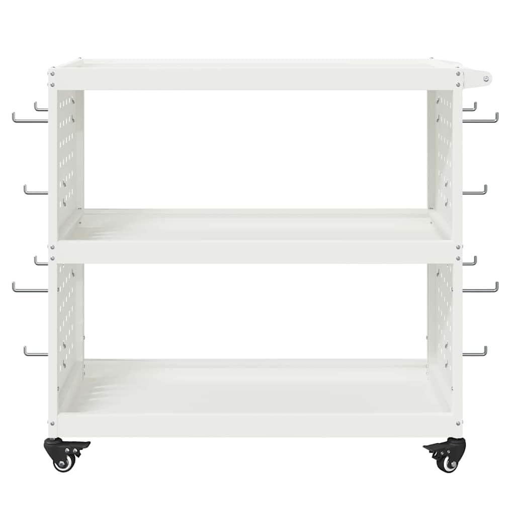 Carrello portautensili in acciaio laminato a freddo, carrello da officina con 3 ripiani, 12 ganci e 4 ruote bloccabili, carrello di servizio mobile 75 x 35 x 73 cm, bianco