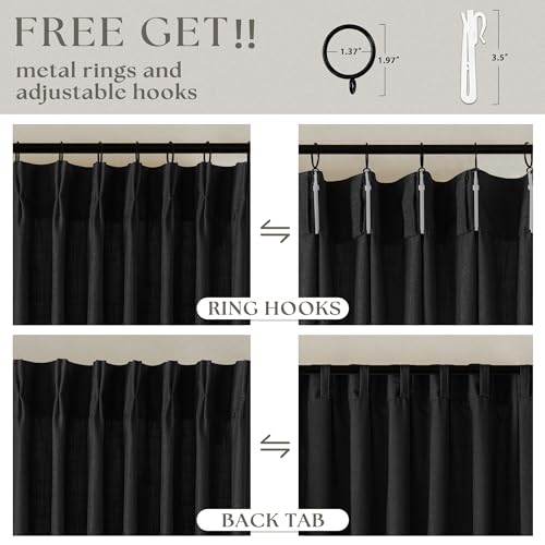 Image of 120 Inch Curtains High Ceiling Tall Curtains 2 Panels Set for Living Room Pinch Pleated with Hooks Rings Back Tab Bohemian Semi Sheer Drapes Cottage Long Large Window Drapes 120 Length Black